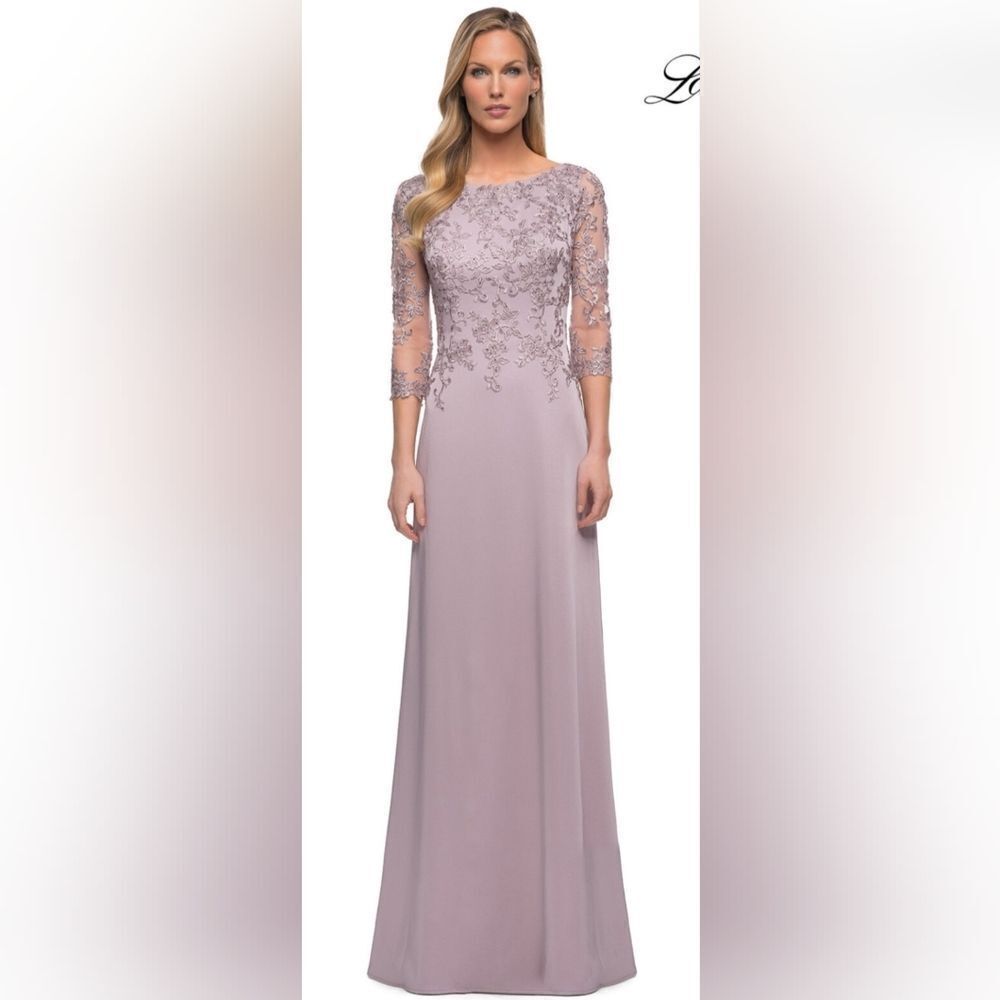 La Femme 29251 Illusion Sleeves Floral Top Dress NWT Sz 14 Light MAUVE/Pink